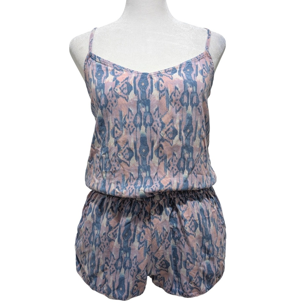 Hollister Blue Pink Ikat Print Romper Small Crochet Trim Pockets Summer Boho